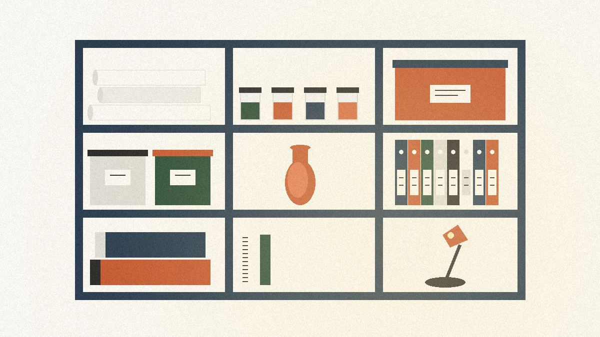 An inventory catalog and art materials organized neatly on studio shelving.