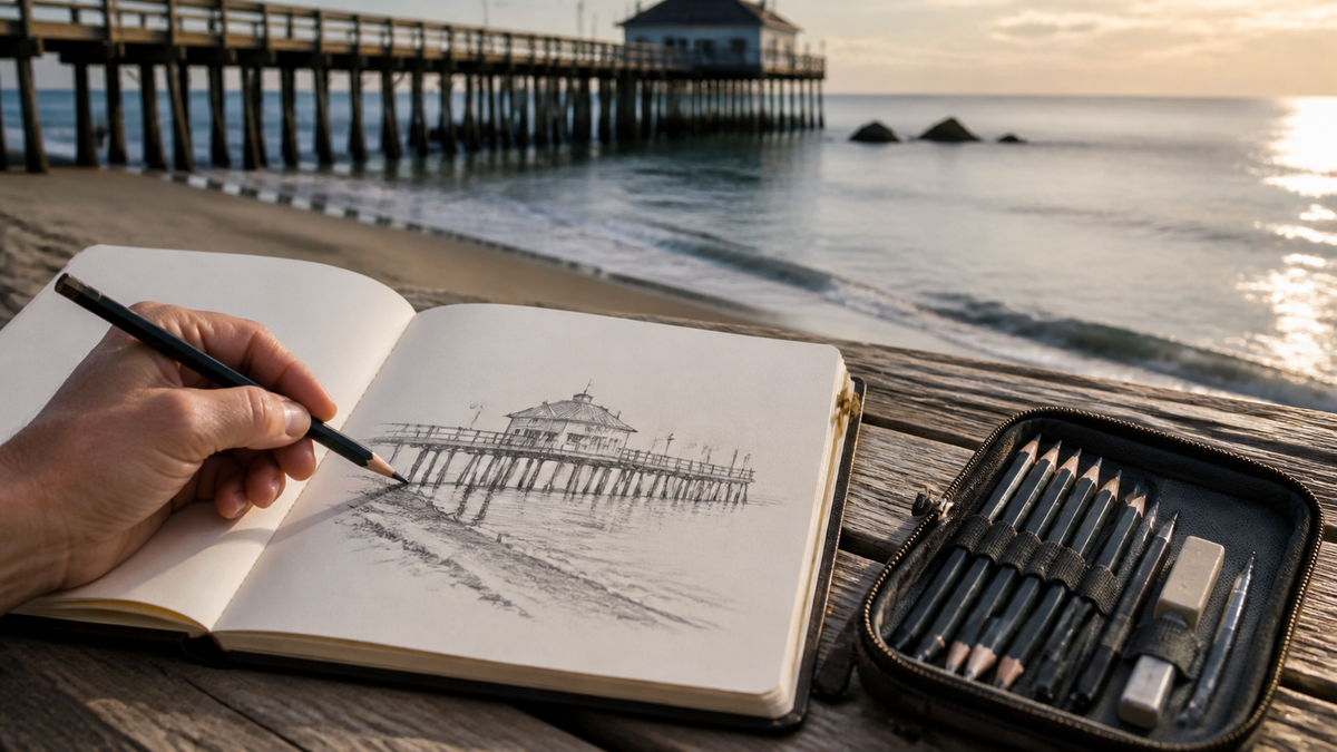 Coastal artist reviewing a pier sketch from a dry setup area