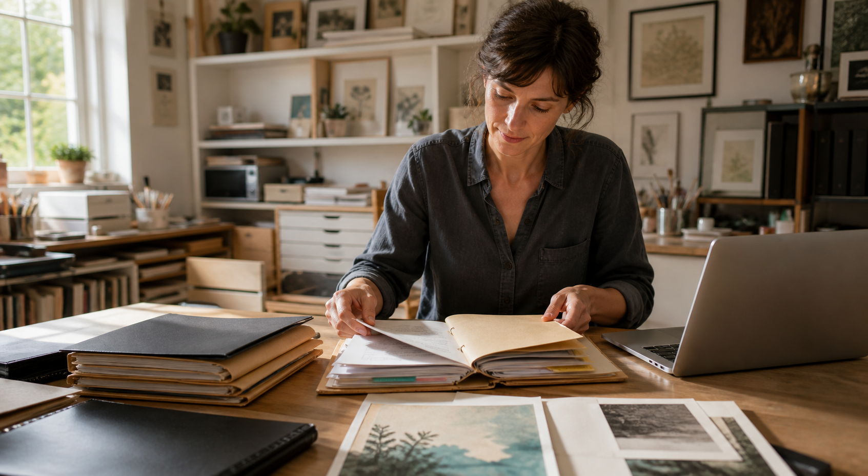 Creative studio owner organizing project and client continuity records