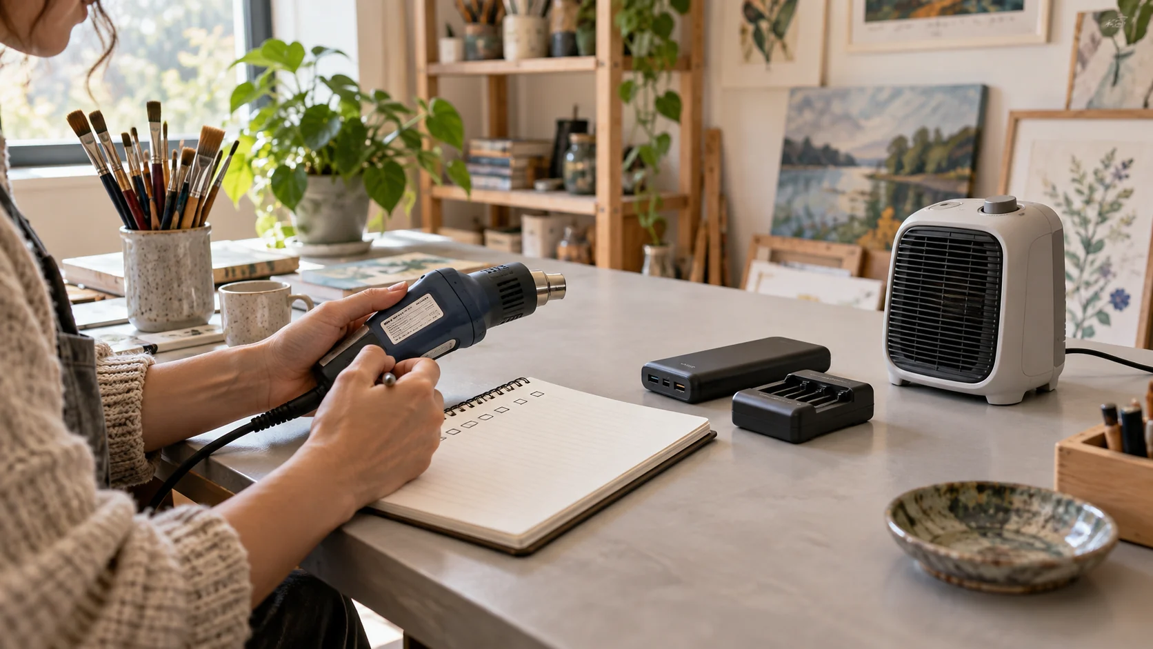 An artist checks a heat-tool label beside a studio heater, charger and power bank.